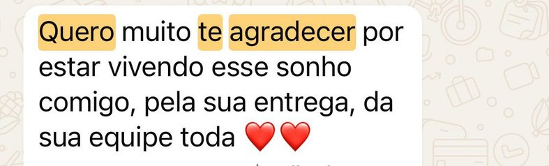 Mensagem de cliente agradecendo pelo apoio, inteligência, criatividade, paciência, carinho e cuidado